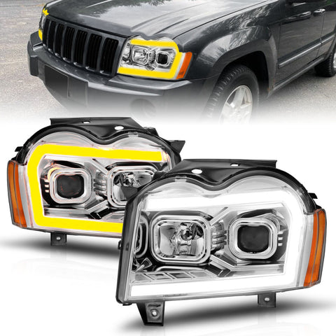 ANZO 05-07 Jeep Grand Cherokee Projector Headlights - w/ Light Bar Switchback Chrome Housing - 111544