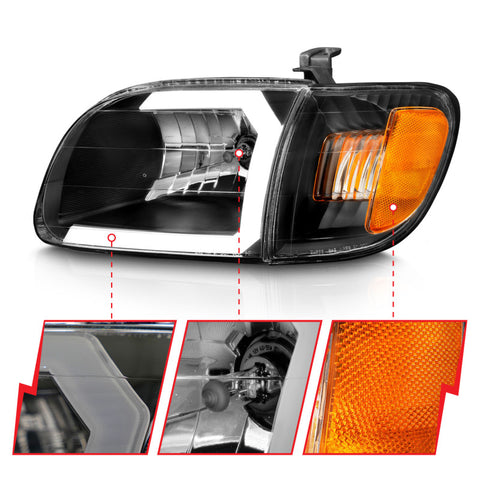 ANZO 00-04 Toyota Tundra (Fits Reg/Acc Cab Only) Crystal Headlights w/Light Bar Black w/Corner Light - 111579