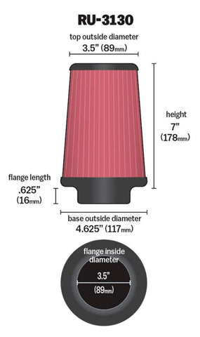 K&N Filter Universal Rubber Filter 3 1/2 inch Flange 4 5/8 inch Base 3 1/2 inch Top 7 inch Height - RU-3130