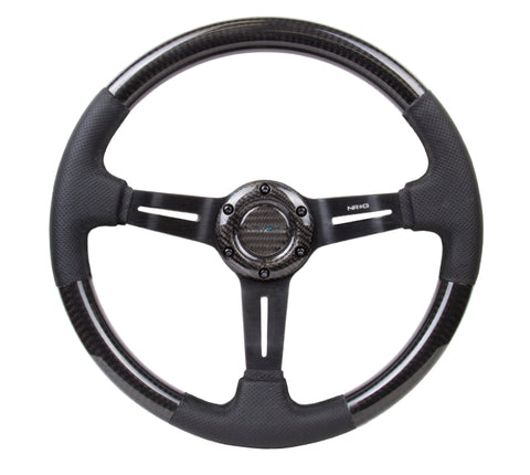 NRG Carbon Fiber Steering Wheel (350mm / 1.5in. Deep) Leather Trim w/Blk Stitch & Slit Cutout Spokes - ST-010CFBS