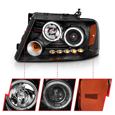 ANZO 2004-2008 Ford F-150 Projector Headlights w/ Halo and LED Black G2 - 111204