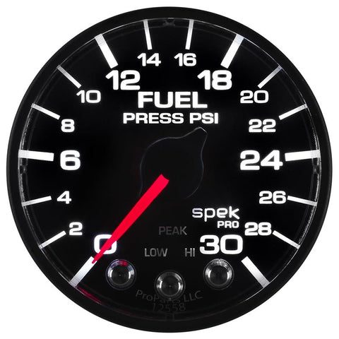 Autometer Spek-Pro Gauge Fuel Press 2 1/16in 30psi Stepper Motor W/Peak & Warn Blk/Blk - P316328