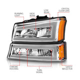 ANZO 2003-2006 Chevrolet Silverado 1500 Crystal Headlights w/ Light Bar Chrome Housing - 111502