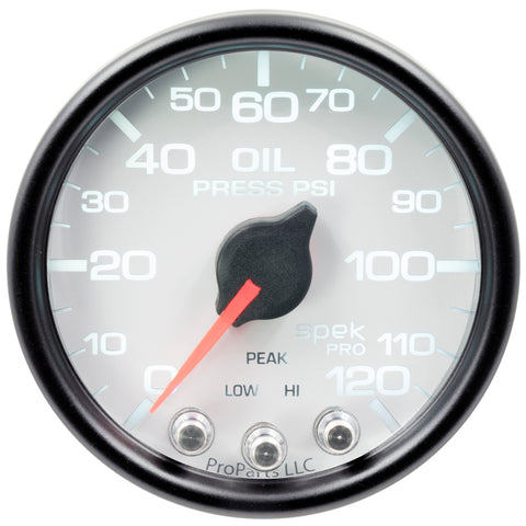 Autometer Spek-Pro Gauge Oil Press 2 1/16in 120psi Stepper Motor W/Peak & Warn Wht/Blk - P32512