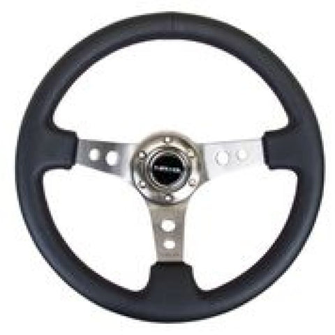 NRG Reinforced Steering Wheel (350mm / 3in. Deep) Blk Leather w/Gunmetal Circle Cutout Spokes - RST-006GM