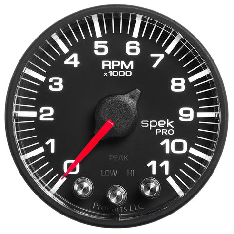 Autometer Spek-Pro Gauge Tach 2 1/16in 11K Rpm W/ Shift Light & Peak Mem - Blk/Blk - P336328
