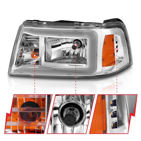 ANZO 2001-2011 Ford Ranger Crystal Headlights w/ Light Bar Chrome Housing - 111512