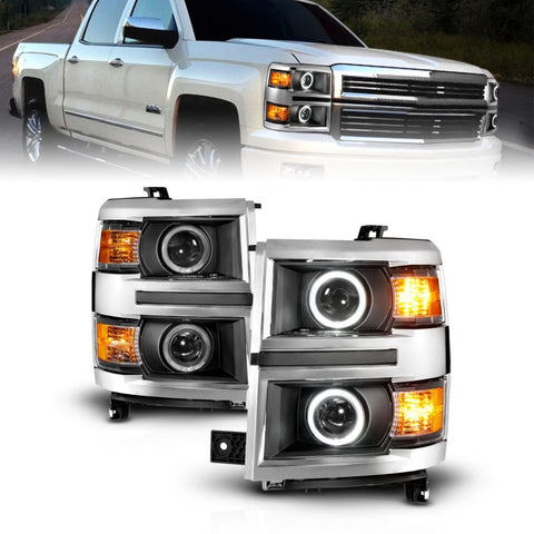 ANZO 14-15 Chevrolet Silverado 1500 Projector Headlights w/ Halo Black Housing w/ Chrome Trim - 111585