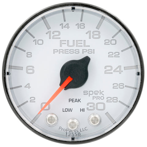 Autometer Spek-Pro Gauge Fuel Press 2 1/16in 30psi Stepper Motor W/Peak & Warn Wht/Blk - P316128