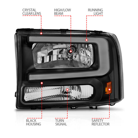 ANZO 99-04 Ford F250/F350/F450/Excursion (excl. 99) Crystal Headlights - w/ Light Bar Black Housing - 111549