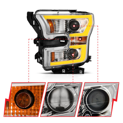 ANZO 2015-2017 Ford F-150 Projector Headlights w/ Plank Style Switchback Chrome w/ Amber - 111358