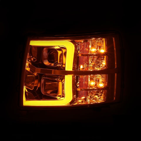 ANZO 07-13 Chevrolet Silverado 1500/2500/3500 Proj Headlights w/ Plank Style Switchback Chrome w/Amb - 111411