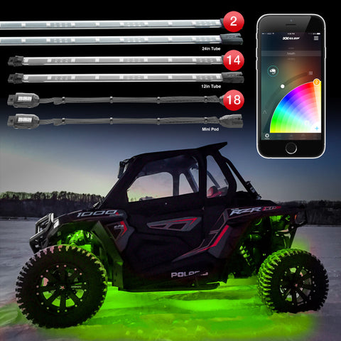 XK Glow Tube + 18xPods Million Color XKCHROME App Controlled Offroad UTV Kit 2x24In Tube + 14x12In - XK-UTV-ADV