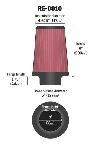 K&N Universal Rubber Filter 3inch FLG / 5inch OD-B / 4-5/8inch OD-T / 8inch H - RE-0910