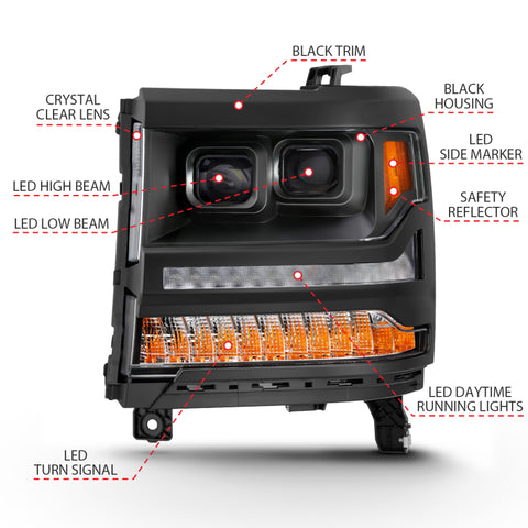 ANZO 16-18 Chevrolet Silverado 1500 LED Projector Headlights w/Plank Style Switchback Black w/ Amber - 111420