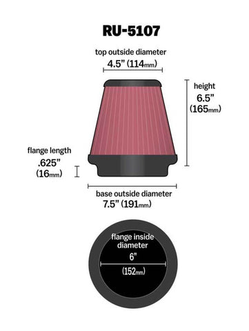 K&N Universal Air Filter 6in Flange / 7-1/2in Base / 4-1/2in Top / 6-1/2in Height - RU-5107