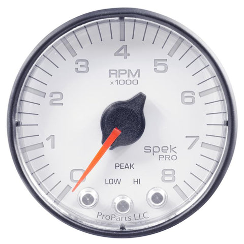 Autometer Spek-Pro Gauge Tach 2 1/16in 8K Rpm W/ Shift Light & Peak Mem Wht/Blk - P334128