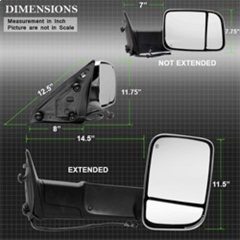 xTune Dodge Ram 1500 09-12 Extendable Heated Adjust Mirror Chrome Housing Right MIR-DRAM10-PW-R - 9933172