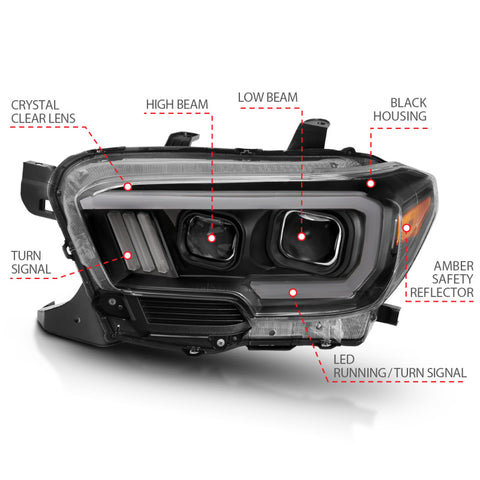ANZO 2016-2017 Toyota Tacoma Projector Headlights w/ Plank Style Switchback Black w/ Amber - 111396