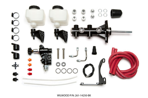 Wilwood Tandem Remote M/C Kit w L/H Bracket & Prop Valve - 15/16in Bore Black-W/Pushrod - 261-14250-BK