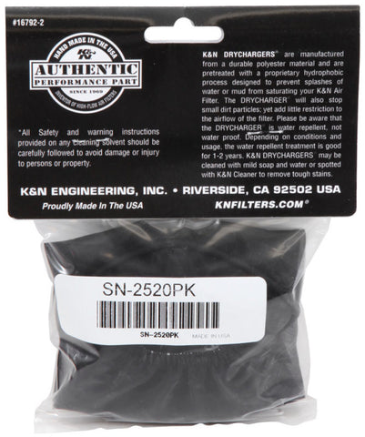 K&N Snowcharger Air FIlter Wrap Round Tapered Black - 3.75in Base ID x 3in Top ID x 5in H - SN-2520PK