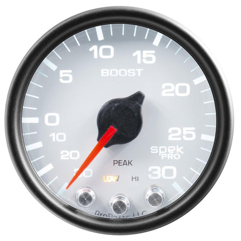 Autometer Spek-Pro Gauge Vac/Boost 2 1/16in 30Inhg-30psi Stepper Motor W/Peak & Warn White/Black - P30212