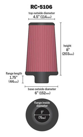 K&N Universal ChromeRound Tapered Air Filter 3in Flange ID / 6in Base OD / 4.5in Top OD / 8in Height - RC-5106