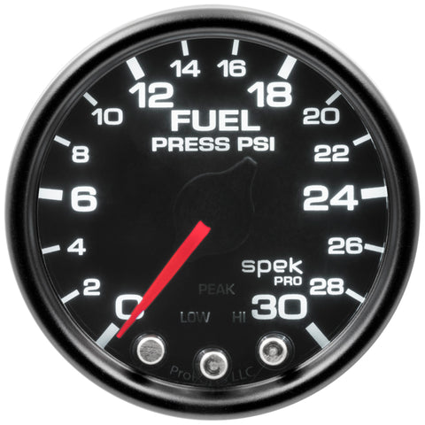 Autometer Spek-Pro Gauge Fuel Press 2 1/16in 30psi Stepper Motor W/Peak & Warn Blk/Smoke/Blk - P31652