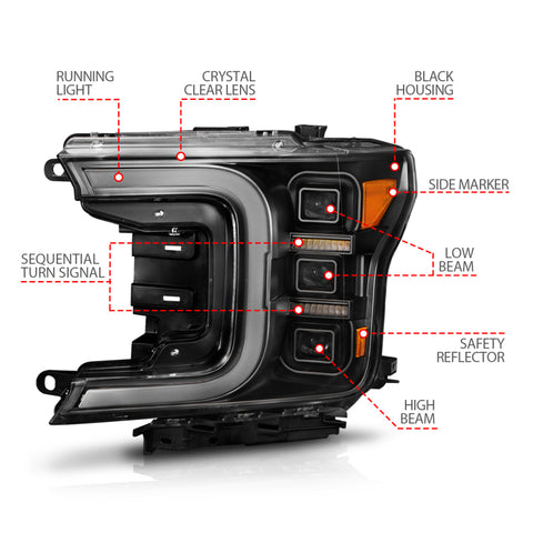 Anzo 18-20 Ford F-150 Full Led Projector Light Bar Headlights Black Amber - 111519