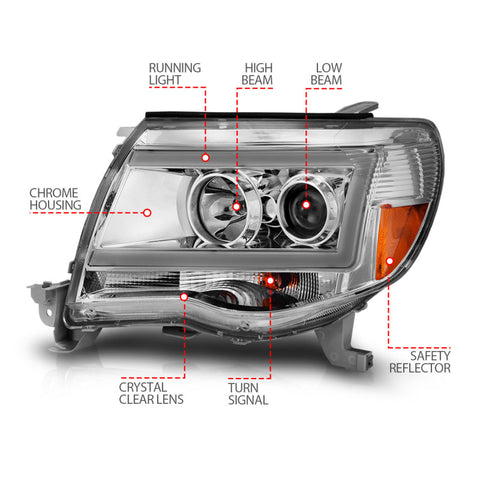 ANZO 2005-2011 Toyota Tacoma Projector Headlights w/ Light Bar Chrome Housing - 111518