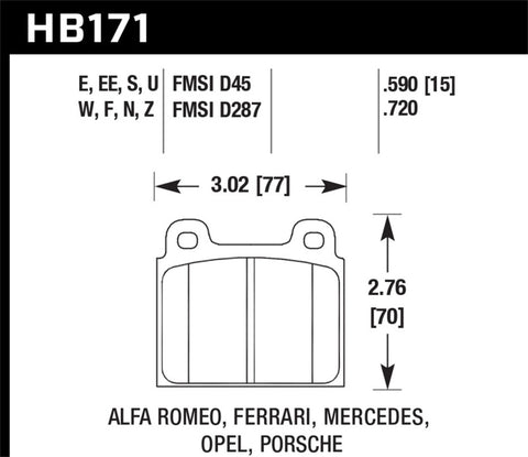 Hawk 69-77 & 84-89 Porsche 911 DTC-70 Front Race Brake Pads - HB171U.590