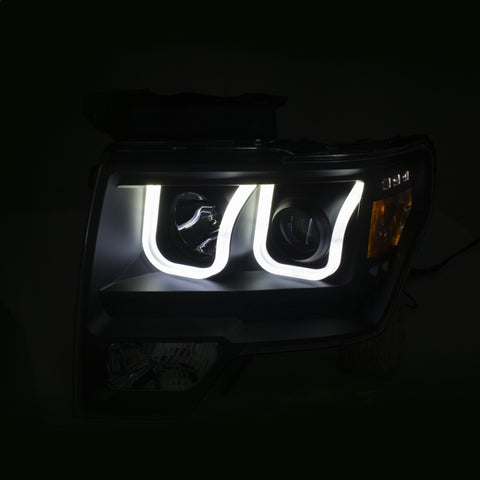 ANZO 2009-2014 Ford F-150 Projector Headlights w/ U-Bar Switchback Black w/ Amber - 111383