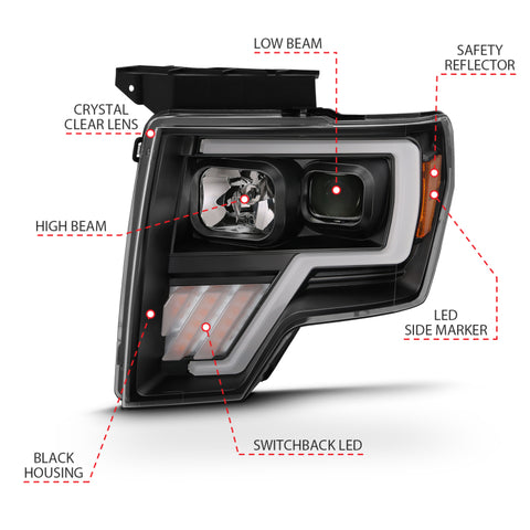 ANZO 2009-2013 Ford F-150 Projector Light Bar G4 Switchback Headlights Black Amber - 111469