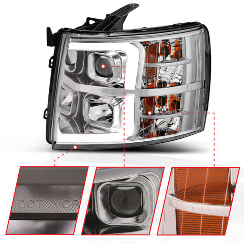 ANZO 07-13 Chevrolet Silverado 1500/2500/3500 Proj Headlights w/ Plank Style Switchback Chrome w/Amb - 111411