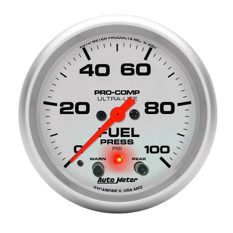 Autometer Ultra-Lite 2-5/8in Full Sweep Elec 0-100 PSI Fuel Pressure w/ Peak Memory & Warning Gauge - 4472