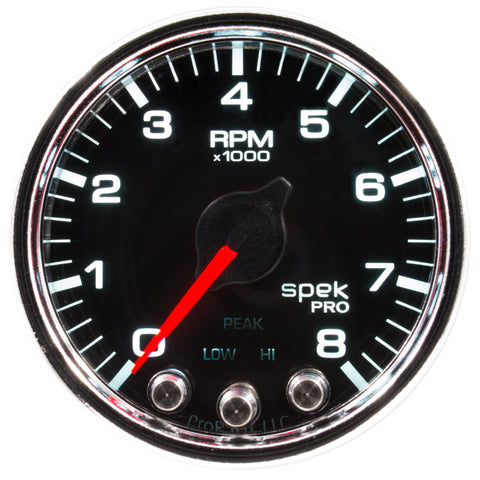 Autometer Spek-Pro Gauge Tach 2 1/16in 8K Rpm W/ Shift Light & Peak Mem Blk/Chrm - P33431