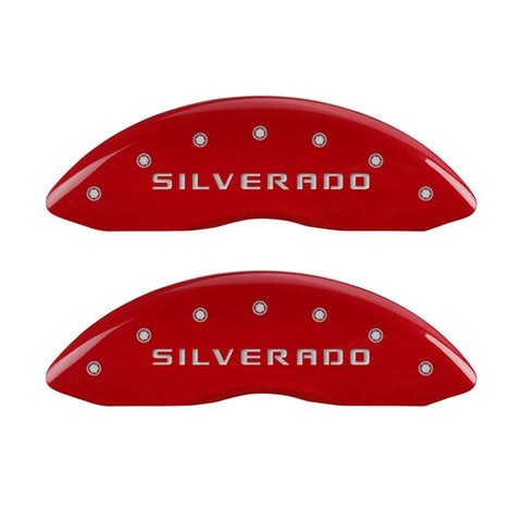 MGP Front set 2 Caliper Covers Engraved Front Silverado Red finish silver ch - 14207FSILRD