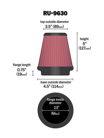 K&N Universal Tapered Filter 2.5in Flange ID x 4.5in Base OD x 3.5in Top OD x 5in Height - RU-9630