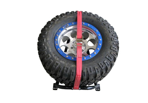 N-Fab Bed Mounted Rapid Tire Strap Universal - Gloss Black - Red Strap - BM1TSRD