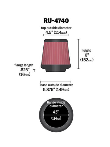 K&N Filter Universal Rubber Filter Round Tapered 4.5in  Flange 5.875in Base 4.5 inch Top 6in  Height - RU-4740
