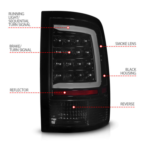 ANZO 09-18 Dodge Ram 1500 Full LED Taillights w/ Sequential Black Housing/Smoke Lens - 311453