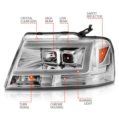 ANZO 2004-2008 Ford  F-150 Projector Headlights w/ Light Bar Chrome Housing - 111542