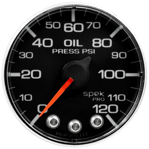 Autometer Spek-Pro Gauge Oil Press 2 1/16in 120psi Stepper Motor W/Peak & Warn Blk/Chrm - P325318