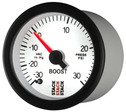 Autometer Stack 52mm -30INHG to +30 PSI (Incl T-Fitting) Pro Stepper Motor Boost Press Gauge - White - ST3362