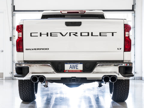 AWE Tuning 4th Gen GM 1500 6.2L 0FG Catback Split Rear Exit (w/ Bumper Cutouts) - Quad Chrome Tips - 3015-42203