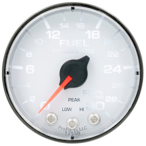 Autometer Spek-Pro Gauge Fuel Press 2 1/16in 30psi Stepper Motor W/Peak & Warn Wht/Blk - P316128