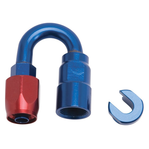 Russell Performance 3/8in SAE Quick Disc Female to -6 Hose Red/Blue 180 Degree Hose End - 611230