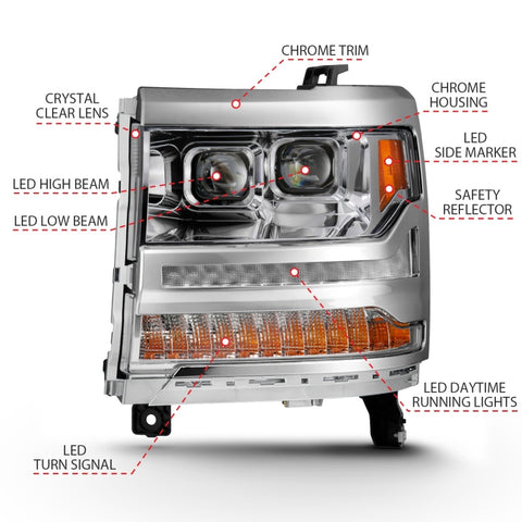 ANZO 16-18 Chevrolet Silverado 1500 LED Projector Headlights w/Plank Style Switchback Chrome w/Amber - 111421
