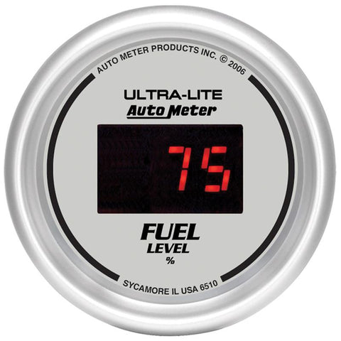 Autometer Ultra-Lite Digital 2-1/16in 0-280 OHM Silver Dial w/ Red LED Programmable Fuel Level Gage - 6510