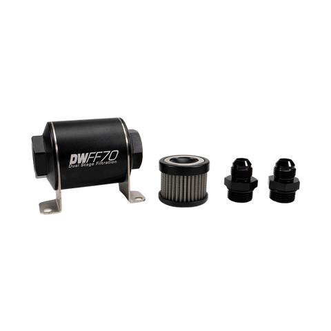 DeatschWerks Stainless Steel 8AN 10 Micron Universal Inline Fuel Filter Housing Kit (70mm) - 8-03-070-010K-8